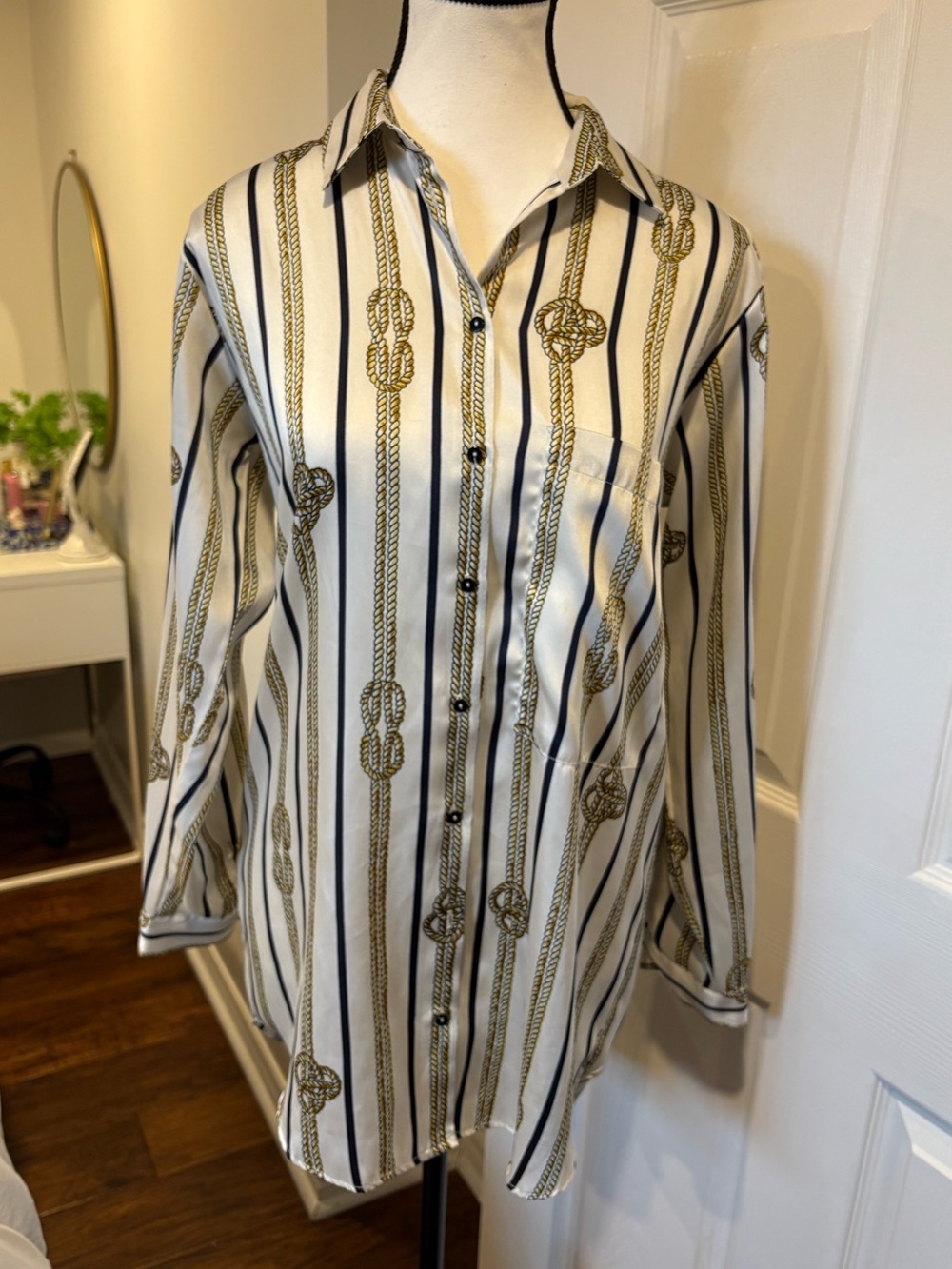 Zara Satin Chain Print Oversized Button Up Blouse Size S Nautical